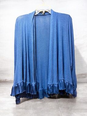 Forever 21 Royal Blue Cardigan Sweater LS Ruching, Satin Ruffle Waterfall Style
